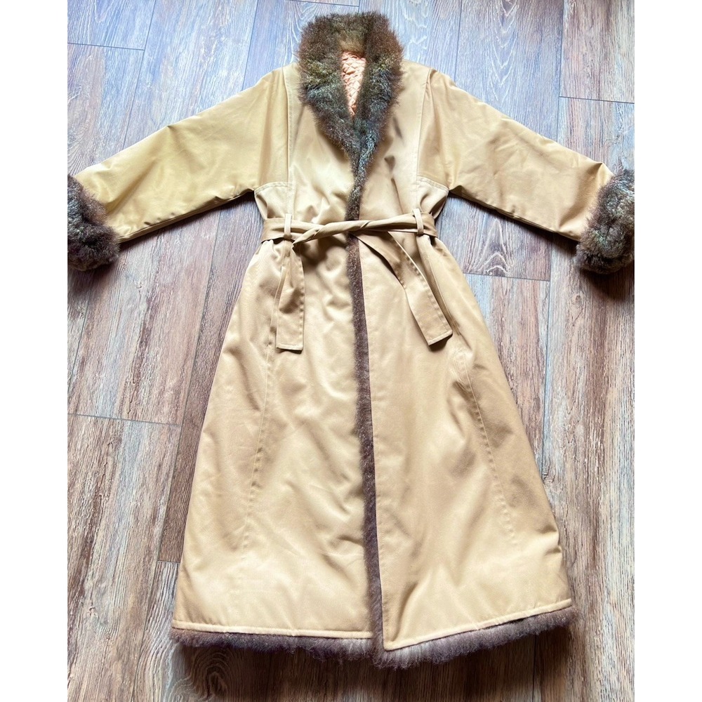 Vintage 60s 70s Tan Coat Genuine Fur Trim Quilted Lining Belted Mod Camel M/L - Picture 2 of 13